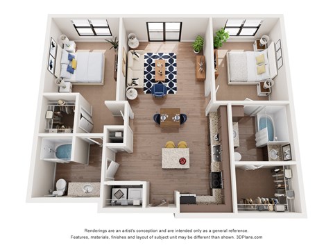 A 3D floor plan of a house with a kitchen, living room, and bathrooms.
